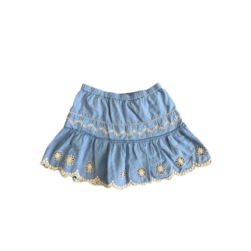 LoveShackFancy Cava Hydrangea Blue Embroidered Mini Skirt Linen Cotton M